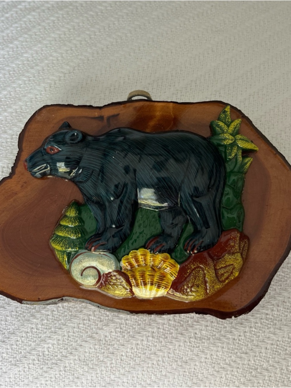 Vintage Black Bear Wall Plaque with Shell and Tree Motif